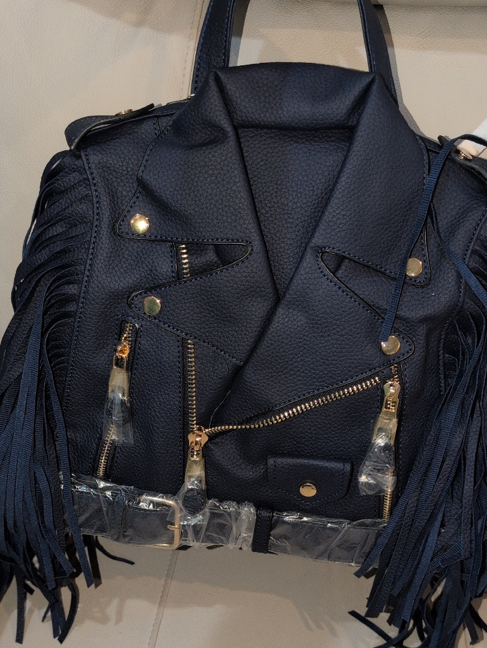 Fringed Faux Leather Backpack Handbag - Navy Blue - NWT